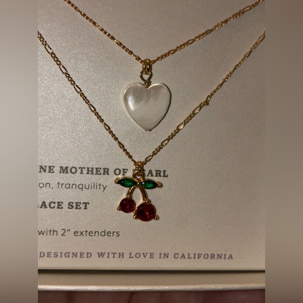 LUNA NORTE Mother of Pearl Heart & Crystal Cherries Pendant 2 Necklaces NEW NWT - Picture 3 of 5